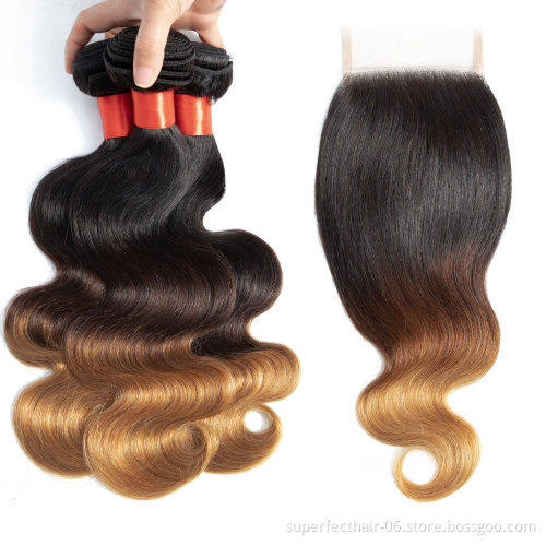 Hot selling Beauty Products 2019 Hair Bundles 1B 4 27 Ombre Color Virgin Raw Human Hair Weaving With Lace Closure